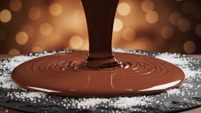 Chocolate sauce pours onto a black slate surrounded by sugar.