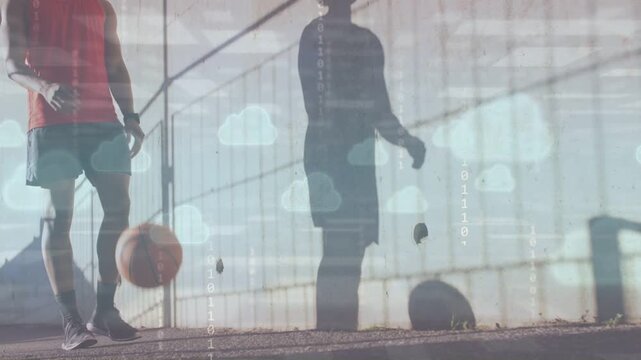 Man entering left walking dribbling basketball shadow on wall cloud icons showing training sports