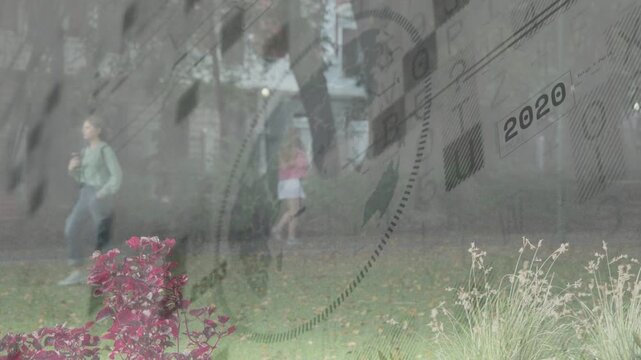 Students walking and pausing in campus courtyard, timeline overlay sweeping years across frame