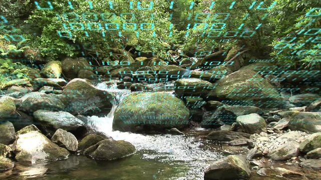 Turquoise glyphs appearing above creek, creek flowing around moss rock, glyphs pulsing showing data