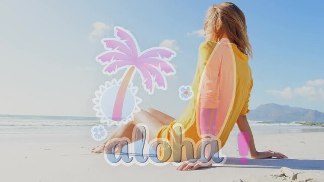 Woman sitting beach turning to camera as breeze lifting and aloha overlay pulsing, promoting travel