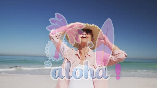 Senior woman adjusting hat, sun drawing smile, travel overlay fading over subject palms board aloha