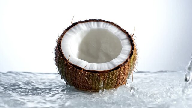 Coconut water flows into half cut coconut on white table indoors closeup