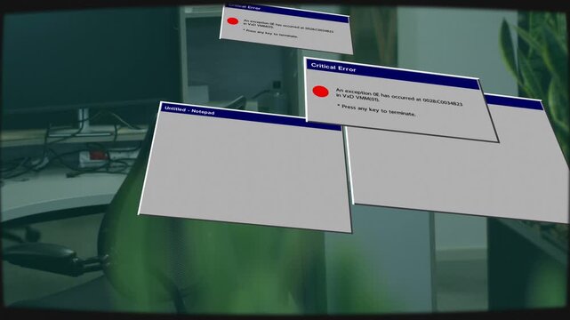 Floating GUI windows appearing and pivoting along rail over desk, showing error and notepad windows