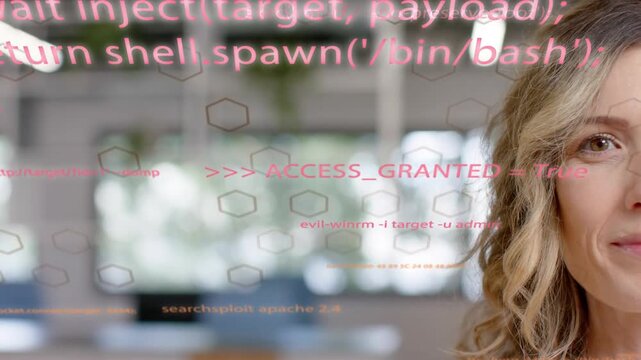 Woman standing right edge watching tech code overlay drifting and revealing ACCESS_GRANTED, smiling