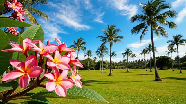 Vibrant pink plumeria flowers bloom in a lush tropical garden on a sunny day with palm trees.