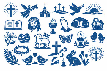 Obraz premium Blue Vintage Ink Illustrated Easter and Paschal Religious Symbol Collection Featuring Risen Savior, Crosses, Scripture Book, White Dove, Sacrificial Lamb, Decorated Eggs, and Spring Floral Elements