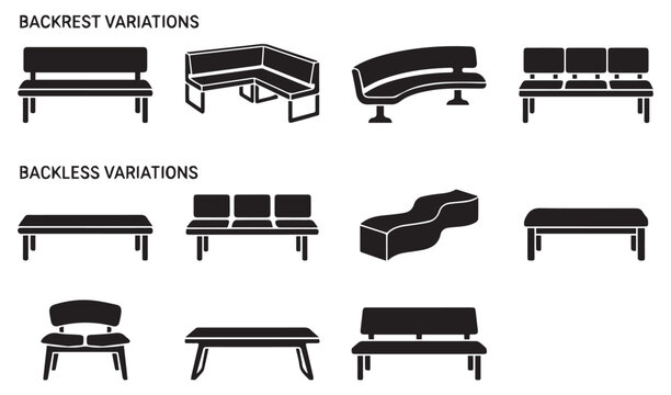 Set of public bench icons with backrest and backless variations in flat silhouette style