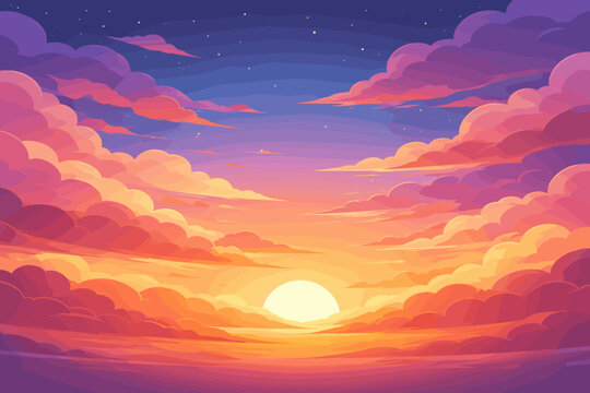Panoramic Vector Illustration of a Vibrant Sunset Sky with Picturesque Layered Clouds in Shades of Pink, Orange, and Purple, Bright Sun on the Horizon and a Starry Night Sky Background Backdrop.