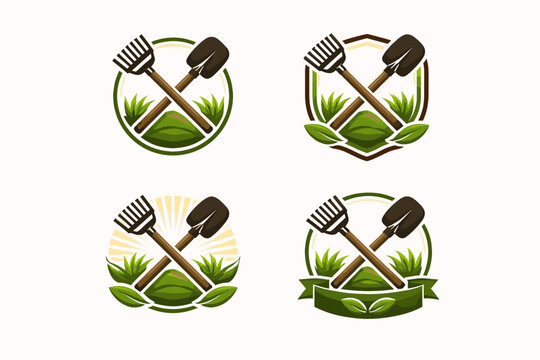 Set of Landscaping and Gardening Logo Badges Featuring Crossed Rake and Shovel Tools with Green Grass and Leaves for Lawn Care Maintenance, Horticulture, and Professional Garden Service Branding