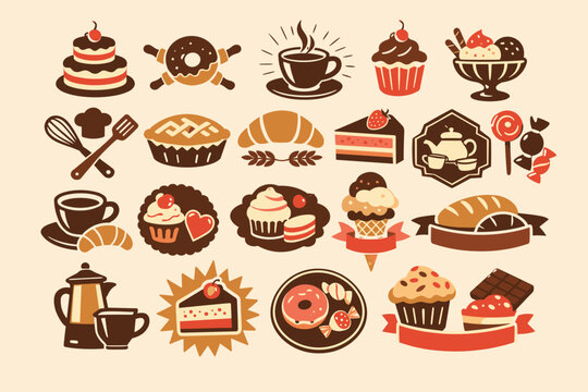 Retro Pastry Shop and Bakery Icons Set: Vintage Vector Illustrations of Cakes, Coffee, Desserts, Bread, and Sweets for Cafe Branding, Menu Design, and Food Labels in Warm Brown and Red Tones