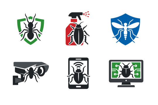 Pest Control and Cybersecurity Icon Set with Hybrid Symbols Merging Insect Silhouettes like Ants, Cockroaches, and Mosquitoes with Security Shields, Surveillance Cameras, and Digital Devices