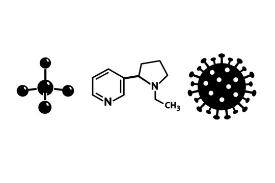 Black and white vector illustration featuring scientific icons of a methane molecule, nicotine chemical structure, and coronavirus pathogen, minimalist flat design for science and education.