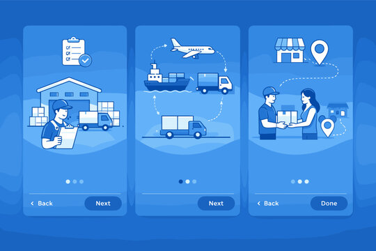 Supply Chain Logistics and Global Distribution Flow Mobile App Onboarding Screens Set with Warehouse Management, International Shipping by Air and Sea, and Last Mile Delivery to Customer.