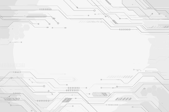 Abstract futuristic technological background with intricate gray circuit board lines, geometric shapes, and digital patterns on a clean white surface, ideal for modern tech and science projects.