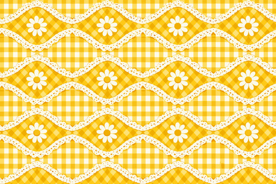 Yellow Checkered Seamless Pattern with White Daisy Flowers and Wavy Lace Rhombus Borders, Cute Retro Gingham Background for Spring Fabric, Wallpaper, Scrapbooking, Textile Design, Cottagecore Art.