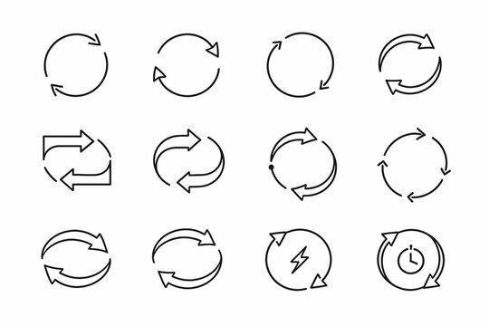 Vector set of circular arrow icons for refresh, repeat, reload, and sync. Minimalist line art symbols for web design, app interface, recycling, and rotation. Double reverse arrow loop signs.