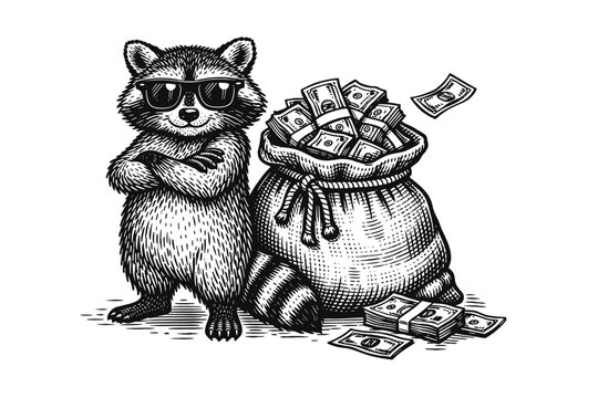 Cool Raccoon Wearing Sunglasses Standing Next to a Large Money Bag Overflowing with Cash, Hand-Drawn Engraving Style Illustration of a Wealthy Bandit Animal Symbolizing Success and Mischief.