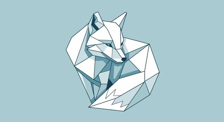 Abstract geometric fox drawing, minimalist polygonal animal artwork with sharp lines and facets in cool blue and white colors, modern design © john