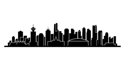Fototapeta premium Vector silhouette of Vancouver city skyline with modern buildings and mountains, urban architectural landmark art