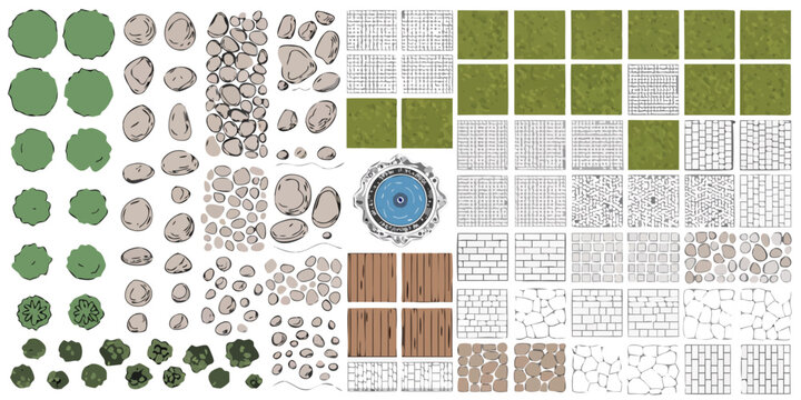Top-down landscape elements including trees stones and paving patterns for architectural visualization