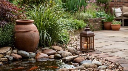Obraz premium Tranquil Garden Pond: A serene garden scene featuring a small koi pond with fish swimming, surrounded by lush greenery, decorative rocks, a rustic clay pot, and a charming lantern with a lit candle.
