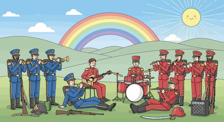 Whimsical Cartoon Illustration of Diverse Soldiers in Blue and Red Uniforms Playing Musical Instruments Outdoors Under a Cheerful Rainbow and Sun © john