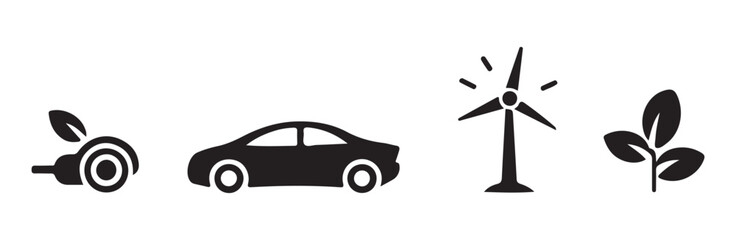 Naklejka premium Eco-friendly icons including electric plug, car, wind turbine, and leaf.