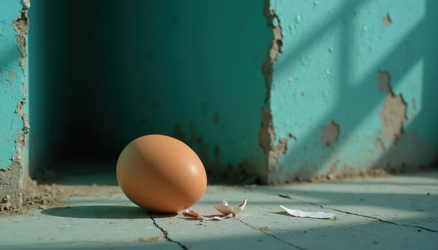 Single brown egg rests on cracked concrete floor near broken shell pieces. Teal walls show peeling paint and shadows cast by window bars. Dim interior space feels empty, desolate, and aged.