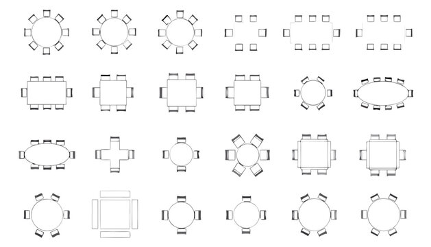 Various tabletop layouts with chairs for event planning and interior design