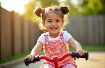 Obraz premium Young girl laughs while riding small red bike. Child enjoys sunny day outdoors. Kid learns to balance on tricycle in yard. Happiness, fun, childhood activity.