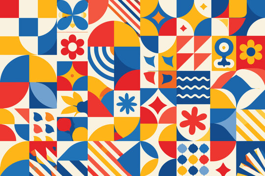 Abstract Geometric Pattern Design in Retro Patchwork Style; Red, Blue, and Yellow Colors; Vector Illustration Featuring Minimalist Shapes, Flowers, Stars, Stripes, and Bauhaus Style Elements.