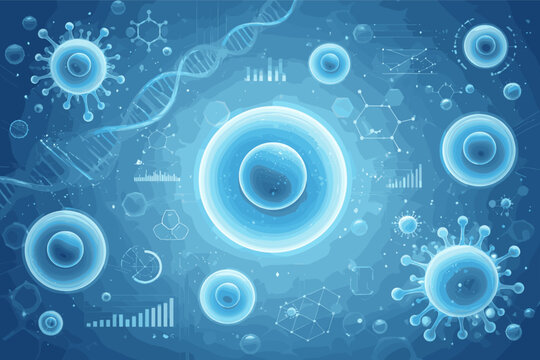 Abstract Scientific Research Background with Microscopic Cell Structures, DNA Helix, Virus Particles, and Data Metrics for Biotechnology, Medicine, Genetics, and Microbiology Lab Analysis.
