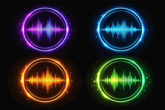 Vector Set of Four Glowing Neon Sound Wave Icons in Circular Frames, Colorful Audio Frequency Spectrum Waves in Purple Blue Orange and Green with Sparkling Light Effects on a Dark Black Background