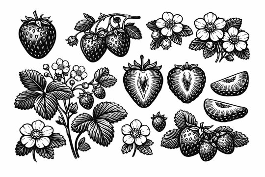 Vintage Strawberry Botanical Illustration Set Featuring Hand Drawn Flowers, Leaves, and Whole or Sliced Berries. Engraving Style Vector Art for Organic Food Packaging, Garden Design, and Decor.