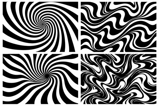 Set of four psychedelic swirl backgrounds, vector retro wave groovy trippy wall art. Black and white twisted geometric marble liquid patterns, hypnotic optical illusion spiral designs for prints.