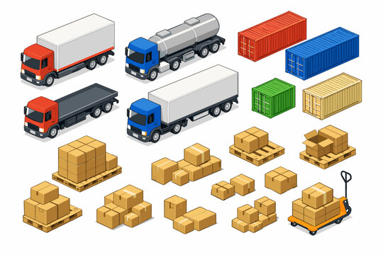 Isometric Vector Set of Logistics and Transportation Elements with Cargo Trucks, Shipping Containers, Cardboard Boxes on Pallets, and Pallet Jack for Global Freight and Warehouse Industry