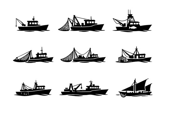 Black Silhouette Trawler and Fishing Vessel Icon Collection Depicting Commercial Seafaring Craft with Nets, Cranes, and Masts for Nautical Branding, Harbor, and Marine Industry Design