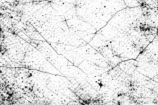 Scratched and Cracked Grunge Urban Background Texture Vector with Dust Overlay and Distress Grainy Effect. Weathered Black and White Surface with Scratches, Splatters, and Cracks for Vintage Art