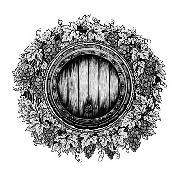 Wine barrel inside grapevine round wreath with rope frame in center. Decoration suitable for wine labels, winery branding, distillery, cellar, refinery. Detail vector in sketch style isolated on white