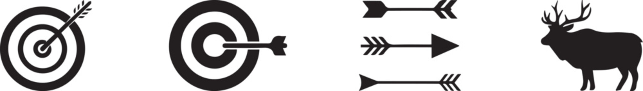 Set of target, arrows and deer hunting icons representing accuracy, aim, success and wildlife hunting concept for sports, archery practice, goal achievement and outdoor adventure design