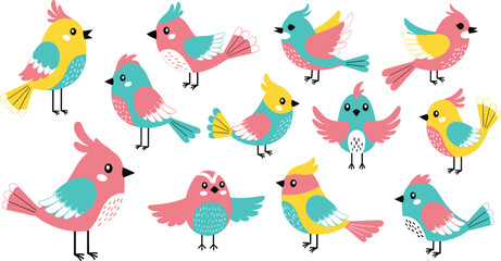 Obraz premium Cute Colorful Cartoon Bird Character Collection in Various Poses with Pink, Teal, and Yellow Colors for Kids, Nature, and Sticker Designs