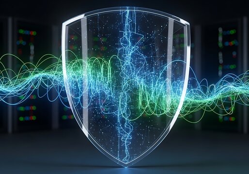 A transparent shield with blue and green lines on it in a dark server room with colorful lights