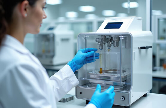 Scientist in lab coat, gloves operates extraction machine. Researcher works with laboratory equipment processing liquid in glass tube for science research. Analytical process with beaker, instrument.