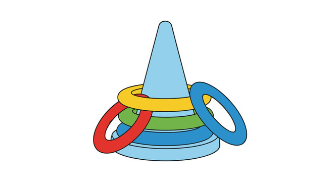 Classic colorful ring stacker toy with four rings on a blue cone base used for teaching size and color sequencing.