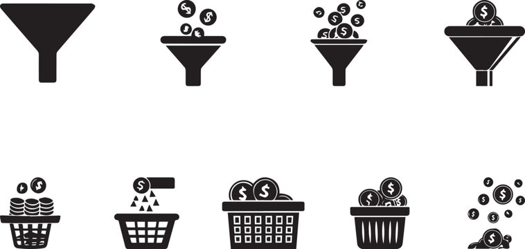 Set of funnel filtration process icons showing step by step sorting, separation and filtering system concept for data processing, workflow stages, and industrial or laboratory use