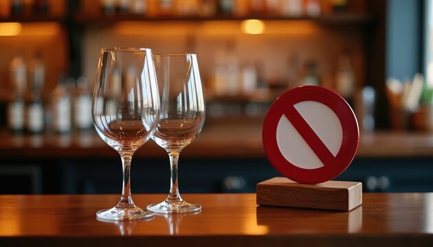 Two empty wine glasses stand on a bar counter next to a red prohibition sign. Concept represents alcohol abstinence and mindful drinking choices.