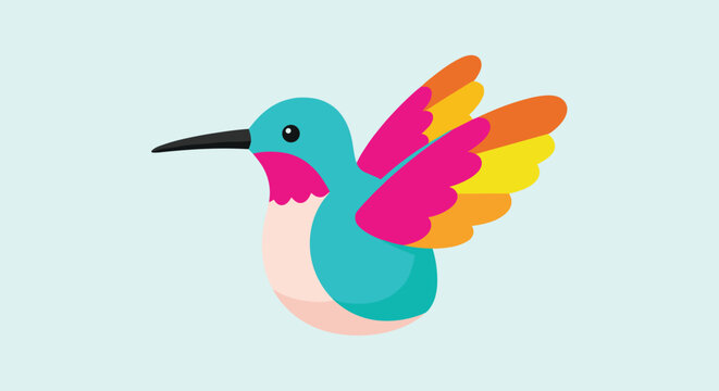 Stylized hummingbird character with bright turquoise, pink, and orange feathers captured in a mid-air hovering pose.