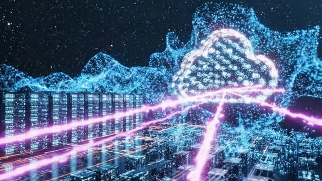 Digital cloud computing data transfer to servers with futuristic cityscape and light trails dynamic motion.