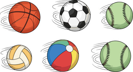 Obraz premium Speeding Sports Ball Collection with Basketball, Soccer, Baseball, Volleyball, and Beach Ball in Motion for Sports and Game Design Projects